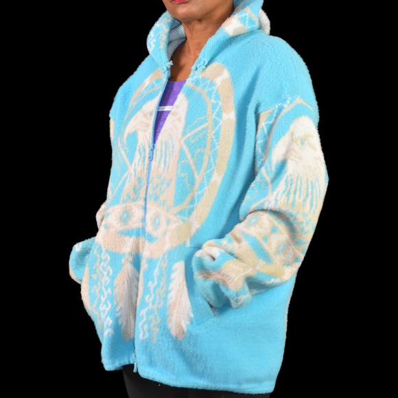 Vintage Artesanias Tuntaquimba Wool Jacket Blue Blanket Southwestern Eagle Large - Picture 3 of 15